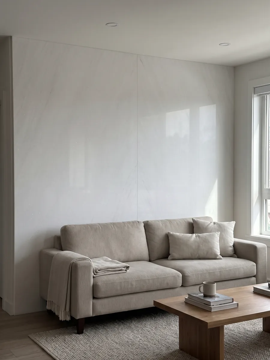 Pared de sala revestida con placas de mármol blanco Thassos abiertas en libro detrás de un sofá: blanco puro uniforme sin dibujo apreciable