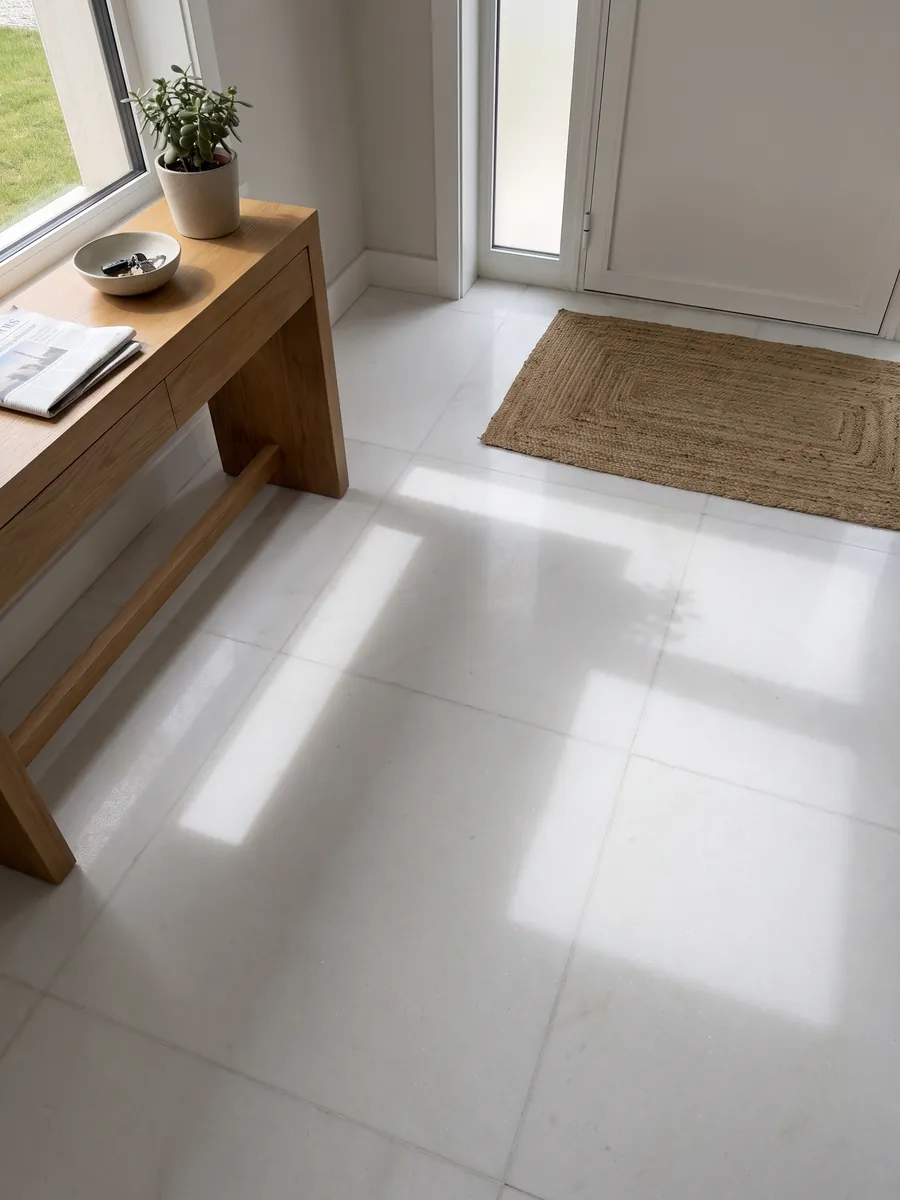 Piso de recibidor en placas grandes de mármol blanco Thassos con luz natural: blanco puro uniforme sin dibujo apreciable