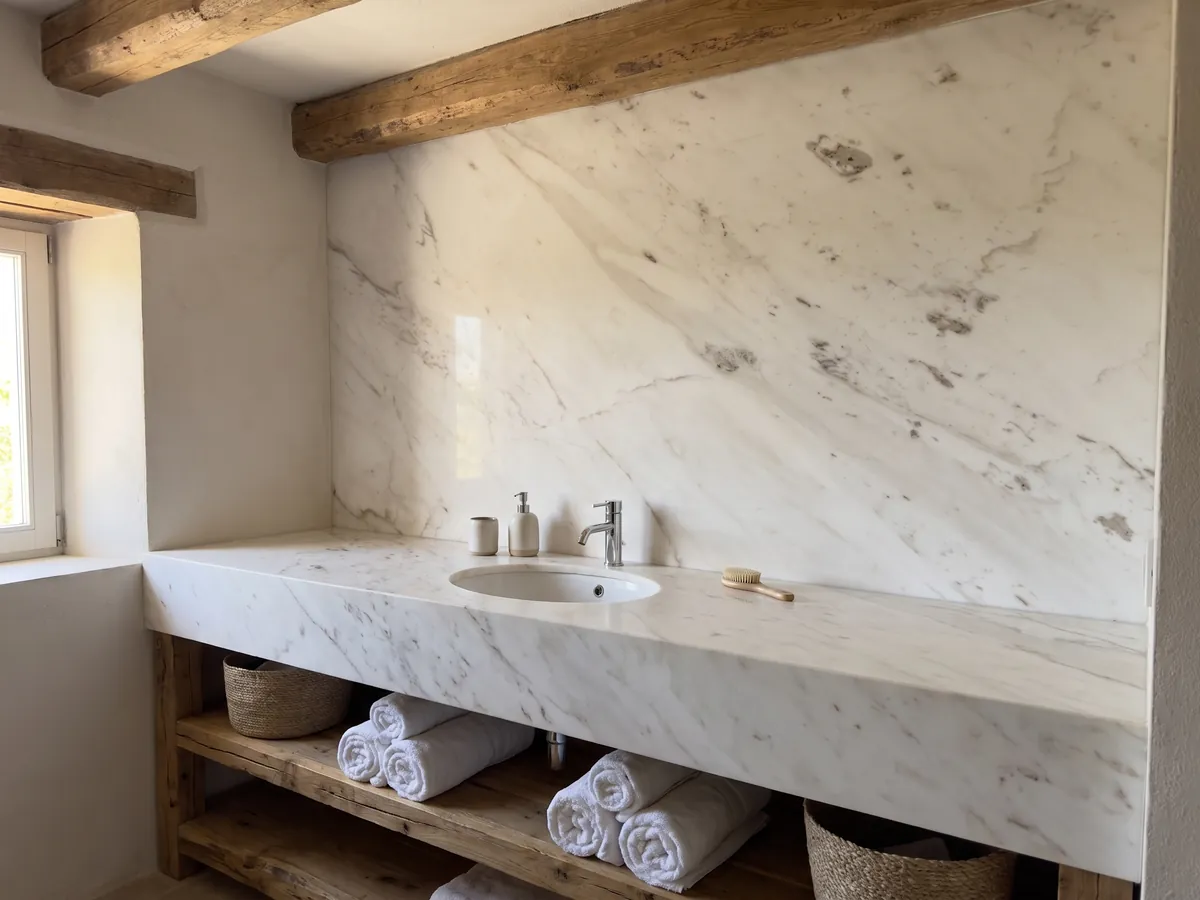 Cubierta de lavabo y pared de baño en mármol blanco Venus con lavamanos blanco y grifería cromada: blanco cálido con vetas grises tenues en diagonal y pequeñas manchas beige aisladas