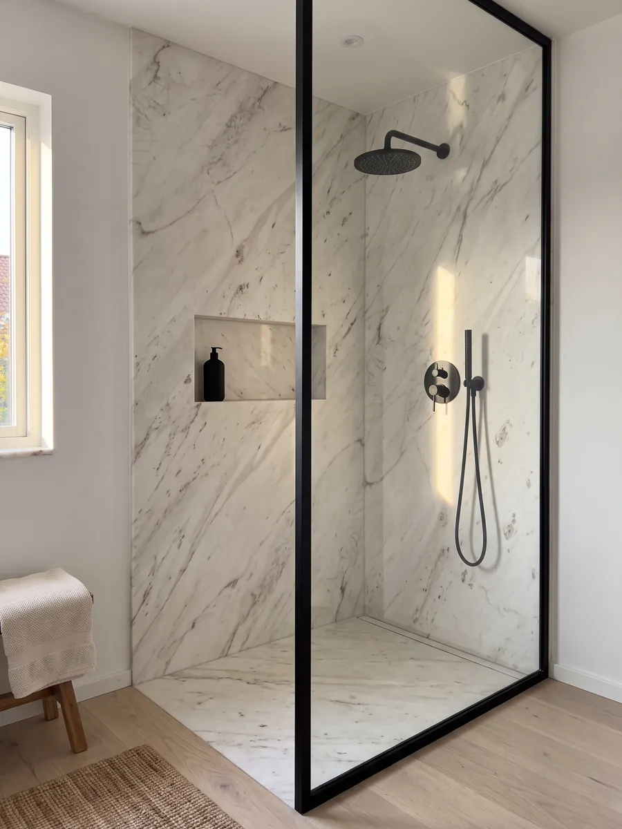 Ducha revestida con placas enteras de mármol blanco Venus con nicho empotrado: blanco cálido con vetas grises tenues en diagonal y pequeñas manchas beige aisladas