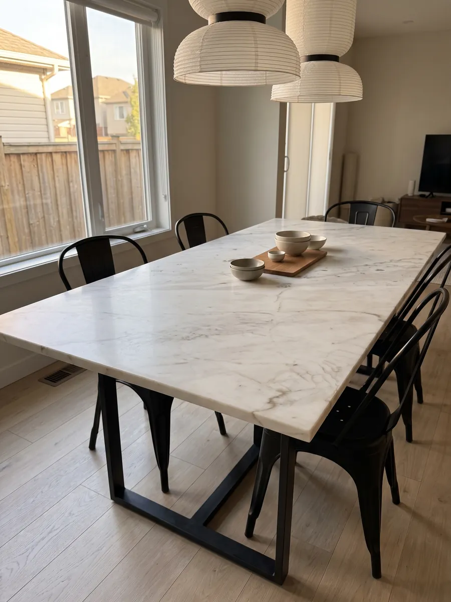 Mesa de comedor con cubierta de mármol blanco Venus sobre base de acero: blanco cálido con vetas grises tenues en diagonal y pequeñas manchas beige aisladas