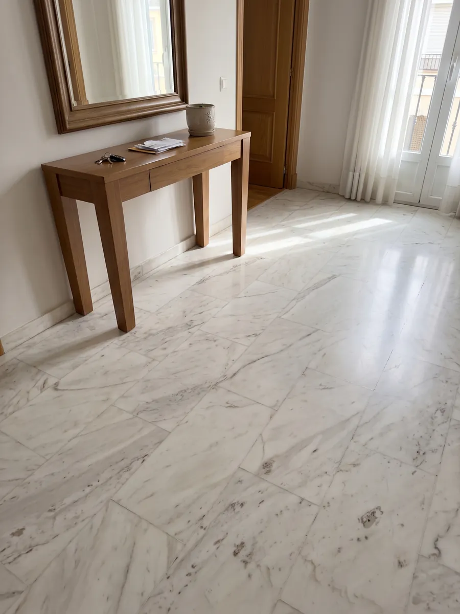 Piso de recibidor en placas grandes de mármol blanco Venus con luz natural: blanco cálido con vetas grises tenues en diagonal y pequeñas manchas beige aisladas