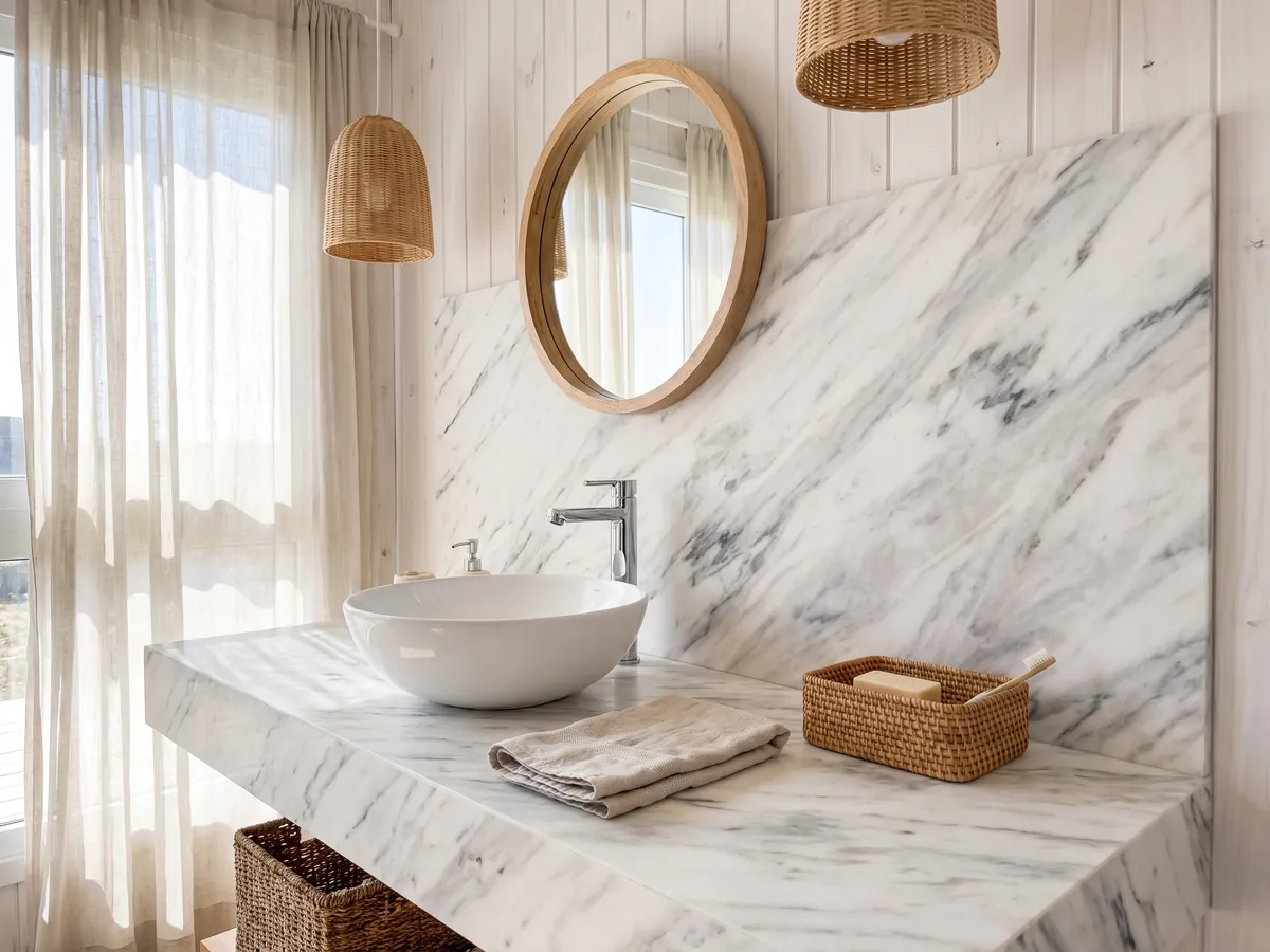 Cubierta de lavabo y pared de baño en mármol blanco Volakas con lavamanos blanco y grifería cromada: blanco con vetas diagonales grises de distinta intensidad