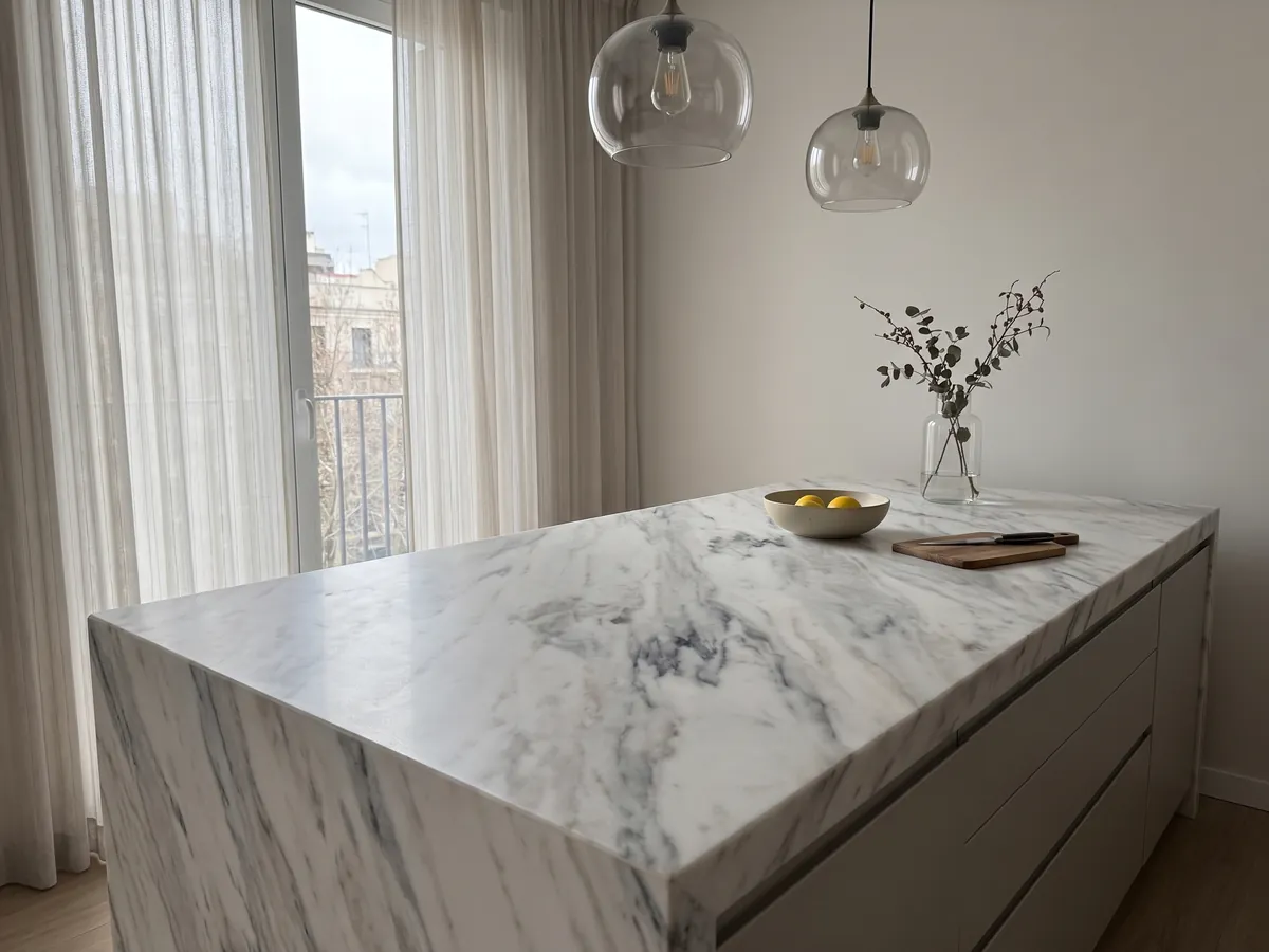 Isla de cocina con cubierta de mármol blanco Volakas y canto recto en una cocina con luz natural: blanco con vetas diagonales grises de distinta intensidad