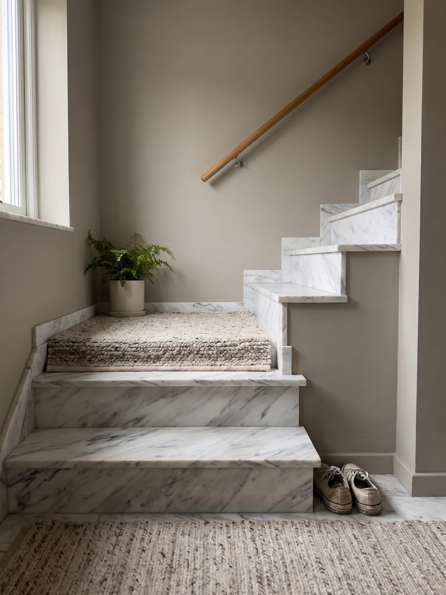 Escalera interior con peldaños de mármol blanco Volakas con pasamanos: blanco con vetas diagonales grises de distinta intensidad