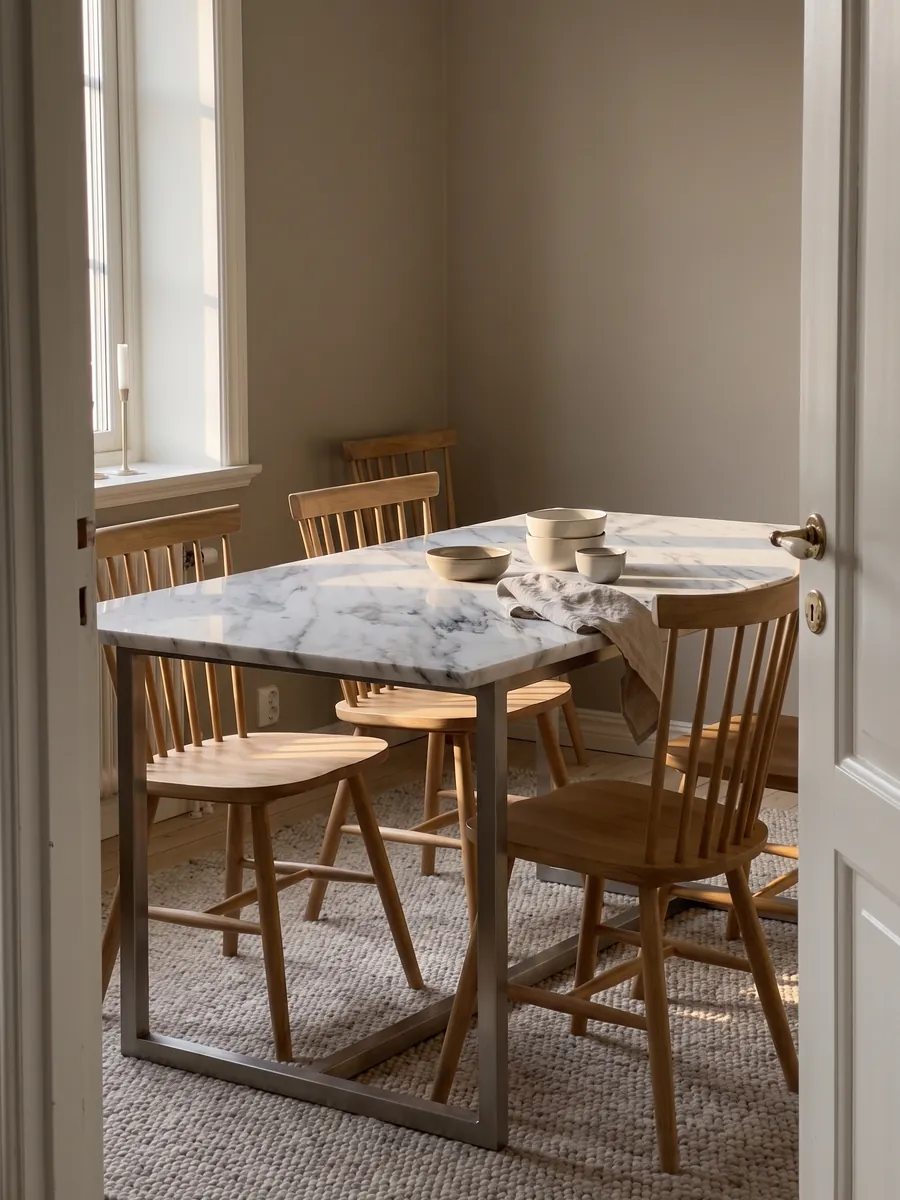 Mesa de comedor con cubierta de mármol blanco Volakas sobre base de acero: blanco con vetas diagonales grises de distinta intensidad