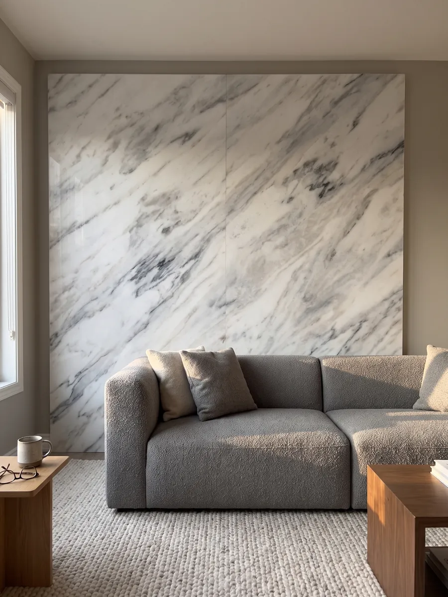 Pared de sala revestida con placas de mármol blanco Volakas abiertas en libro detrás de un sofá: blanco con vetas diagonales grises de distinta intensidad