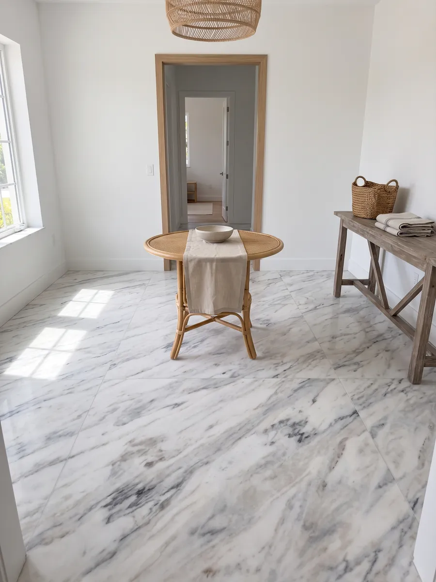 Piso de recibidor en placas grandes de mármol blanco Volakas con luz natural: blanco con vetas diagonales grises de distinta intensidad