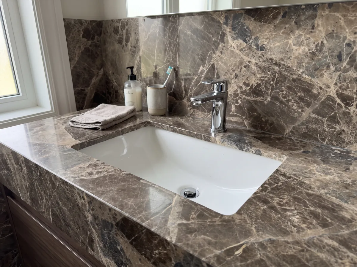 Cubierta de lavabo y pared de baño en mármol café Breccia Paradiso con lavamanos blanco y grifería cromada: fragmentos grandes marrón grisáceo unidos por una red de vetas beige claras