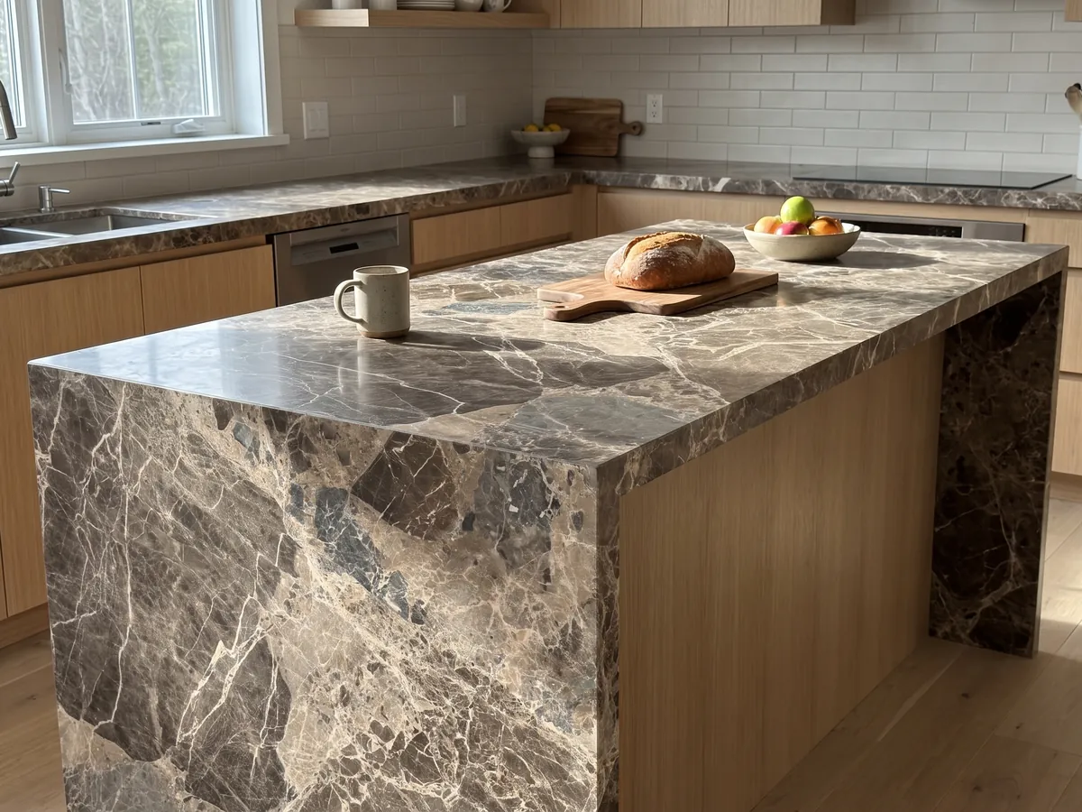 Isla de cocina con cubierta de mármol café Breccia Paradiso y canto recto en una cocina con luz natural: fragmentos grandes marrón grisáceo unidos por una red de vetas beige claras