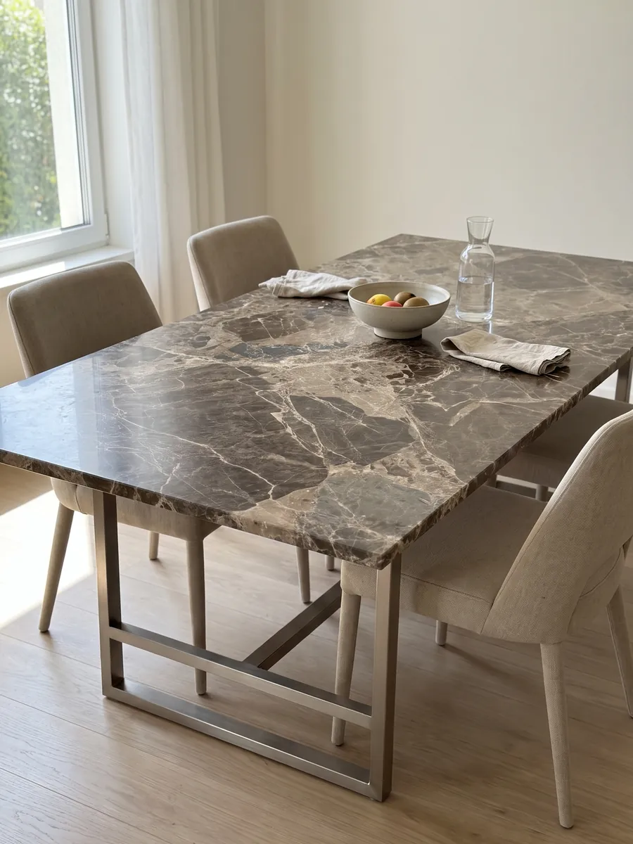 Mesa de comedor con cubierta de mármol café Breccia Paradiso sobre base de acero: fragmentos grandes marrón grisáceo unidos por una red de vetas beige claras