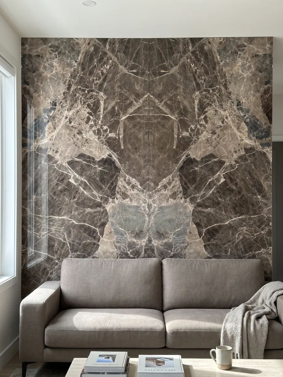 Pared de sala revestida con placas de mármol café Breccia Paradiso abiertas en libro detrás de un sofá: fragmentos grandes marrón grisáceo unidos por una red de vetas beige claras