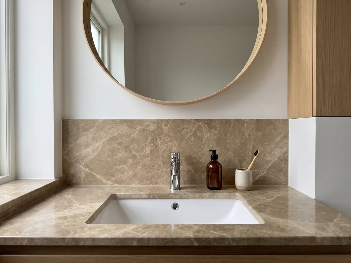 Cubierta de lavabo y pared de baño en mármol café Emperador Claro con lavamanos blanco y grifería cromada: marrón claro con red de vetas crema finas