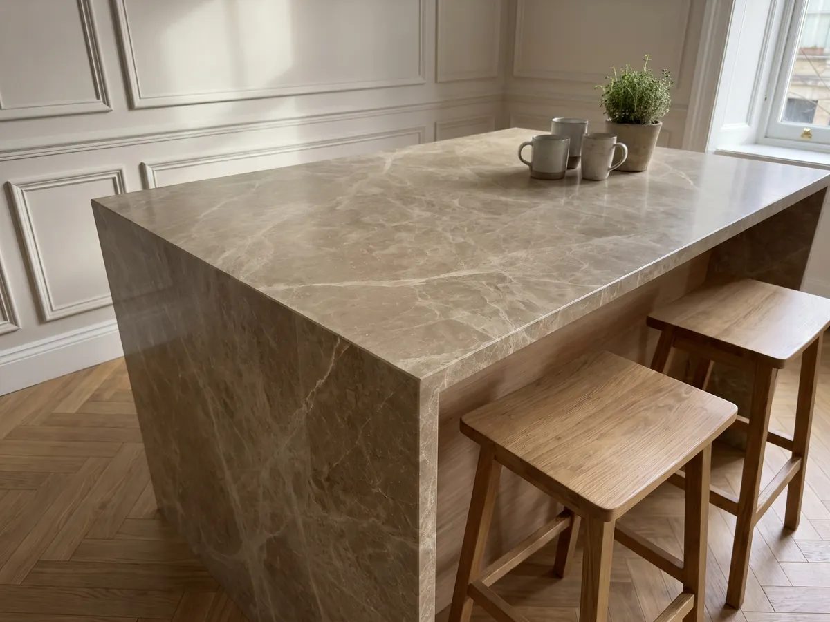 Isla de cocina con cubierta de mármol café Emperador Claro y canto recto en una cocina con luz natural: marrón claro con red de vetas crema finas