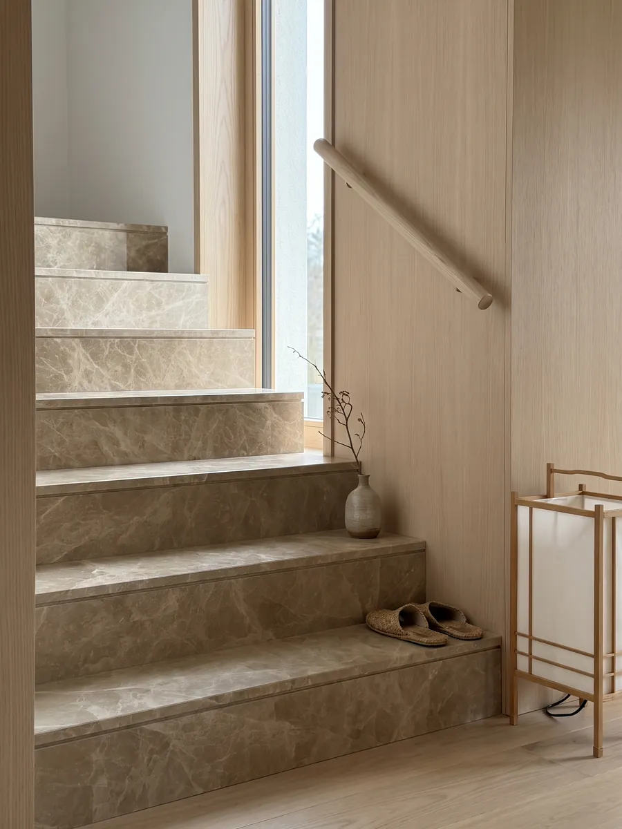 Escalera interior con peldaños de mármol café Emperador Claro con pasamanos: marrón claro con red de vetas crema finas