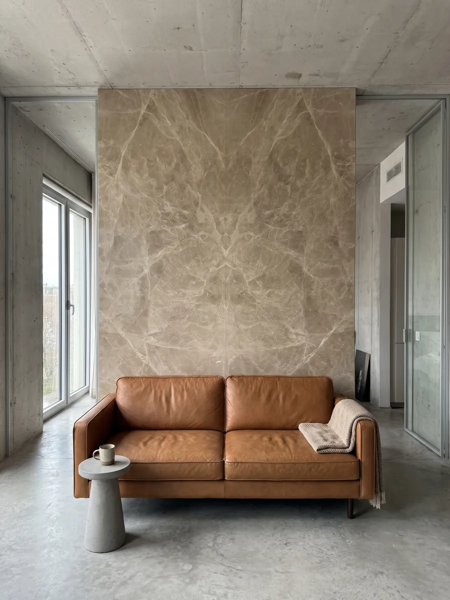 Pared de sala revestida con placas de mármol café Emperador Claro abiertas en libro detrás de un sofá: marrón claro con red de vetas crema finas