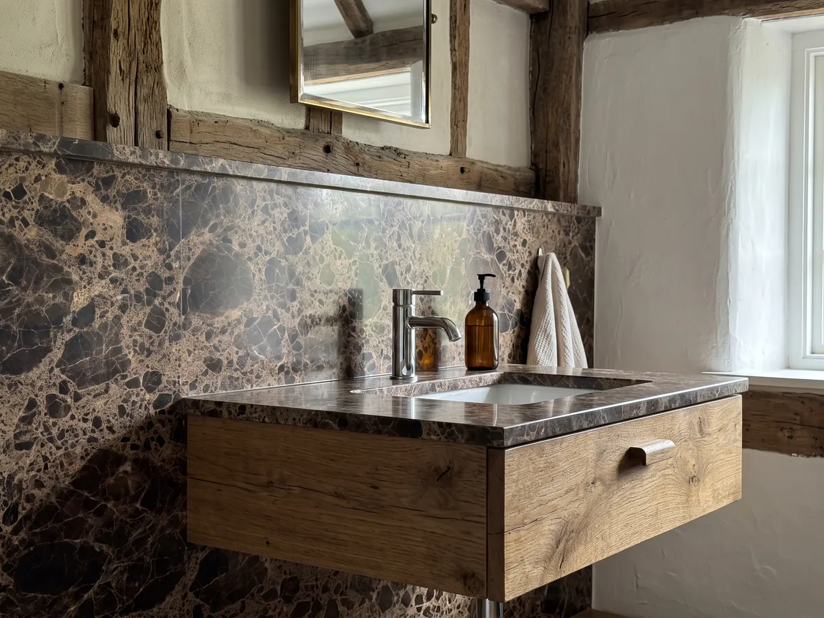 Cubierta de lavabo y pared de baño en mármol café Emperador Oscuro con lavamanos blanco y grifería cromada: manchas marrón oscuro casi negras unidas por una red densa beige