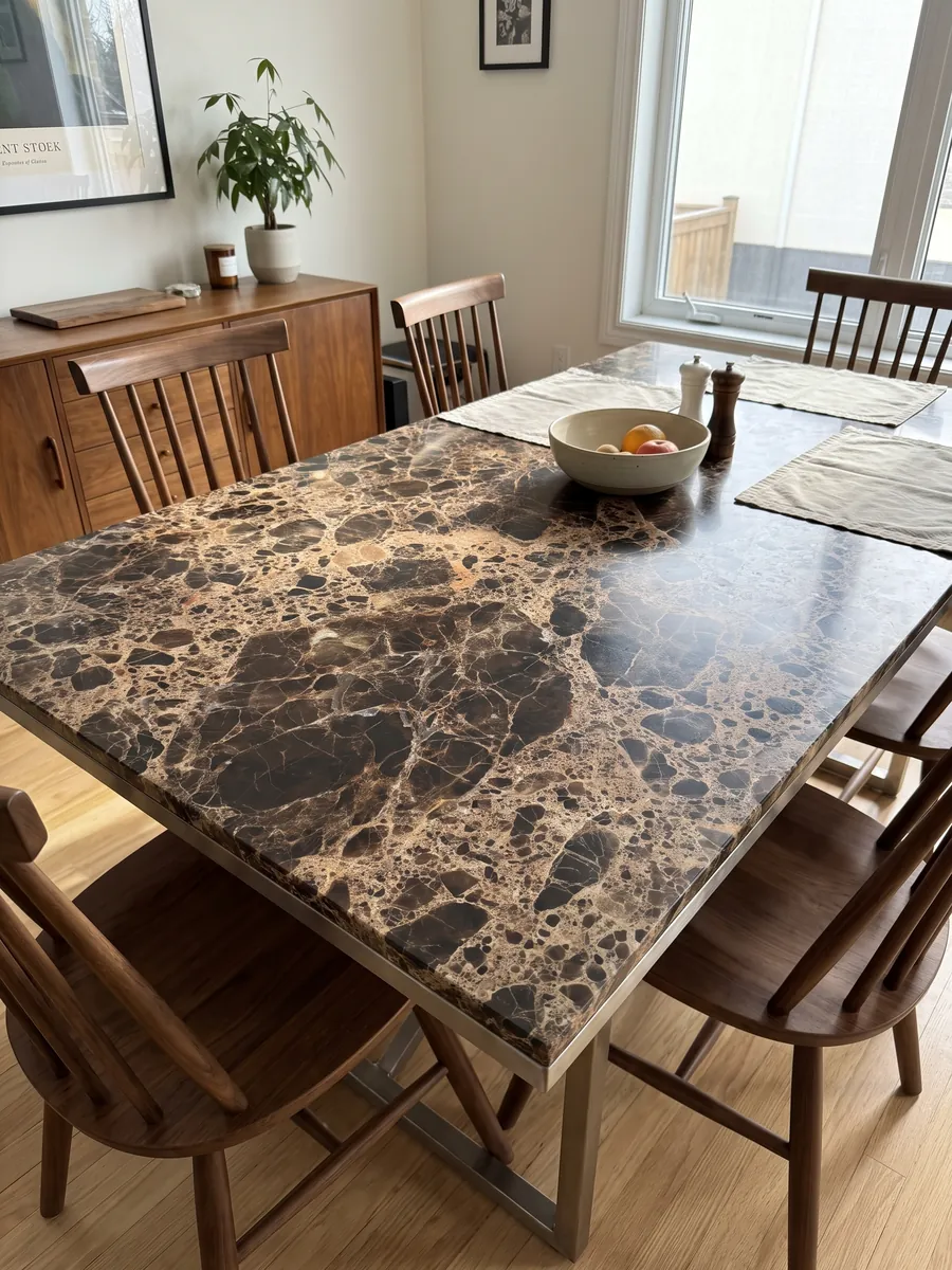 Mesa de comedor con cubierta de mármol café Emperador Oscuro sobre base de acero: manchas marrón oscuro casi negras unidas por una red densa beige