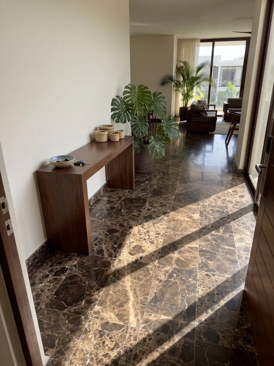 Piso de recibidor en placas grandes de mármol café Emperador Oscuro con luz natural: manchas marrón oscuro casi negras unidas por una red densa beige