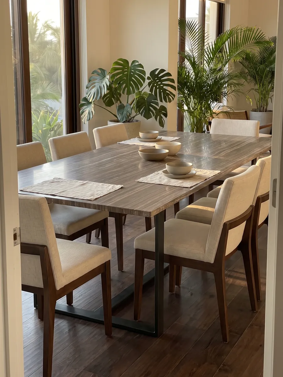 Mesa de comedor con cubierta de mármol café Eramosa sobre base de acero: marrón grisáceo con líneas finas horizontales paralelas tipo madera