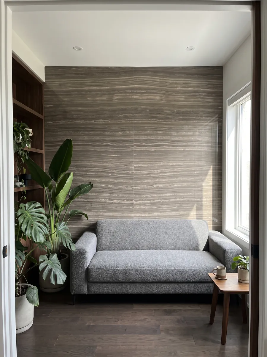 Pared de sala revestida con placas de mármol café Eramosa abiertas en libro detrás de un sofá: marrón grisáceo con líneas finas horizontales paralelas tipo madera