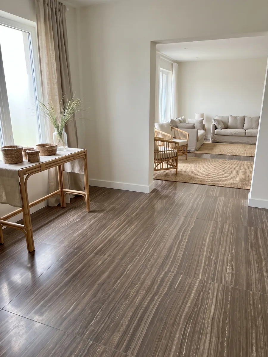 Piso de recibidor en placas grandes de mármol café Eramosa con luz natural: marrón grisáceo con líneas finas horizontales paralelas tipo madera