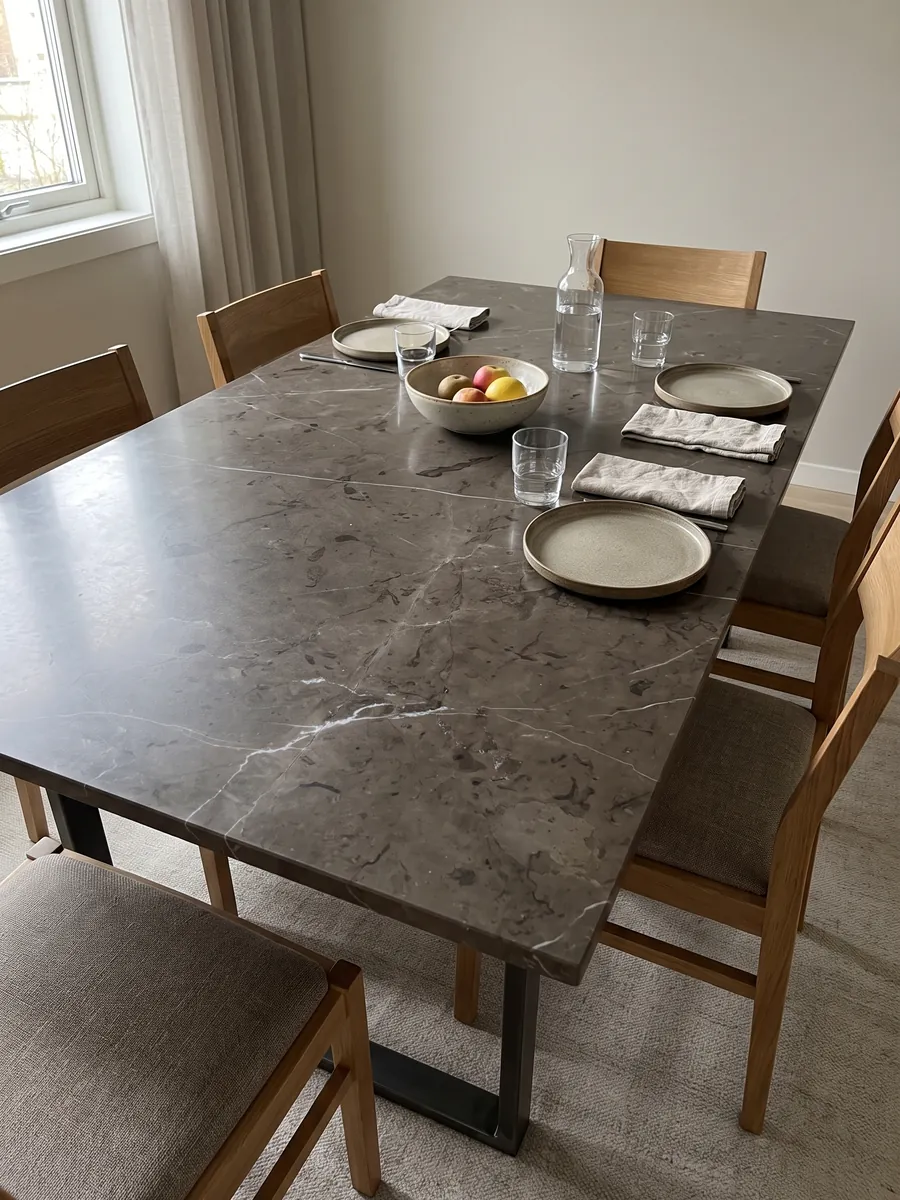 Mesa de comedor con cubierta de mármol café Grafite sobre base de acero: fondo oscuro entre marrón y grafito con pocas vetas blancas muy finas
