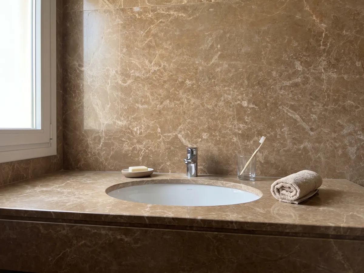 Cubierta de lavabo y pared de baño en mármol café Jolie Brown con lavamanos blanco y grifería cromada: marrón caramelo cubierto por una red fina de vetas color crema