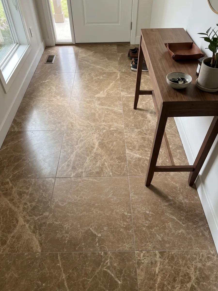 Piso de recibidor en placas grandes de mármol café Jolie Brown con luz natural: marrón caramelo cubierto por una red fina de vetas color crema