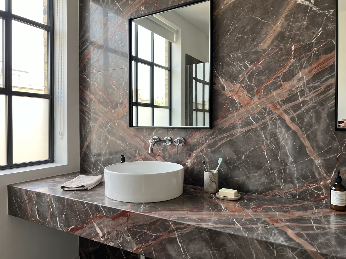 Cubierta de lavabo y pared de baño en mármol café Ombra di Caravaggio con lavamanos blanco y grifería cromada: gris pardo oscuro cruzado por vetas terracota anchas y vetas blancas finas