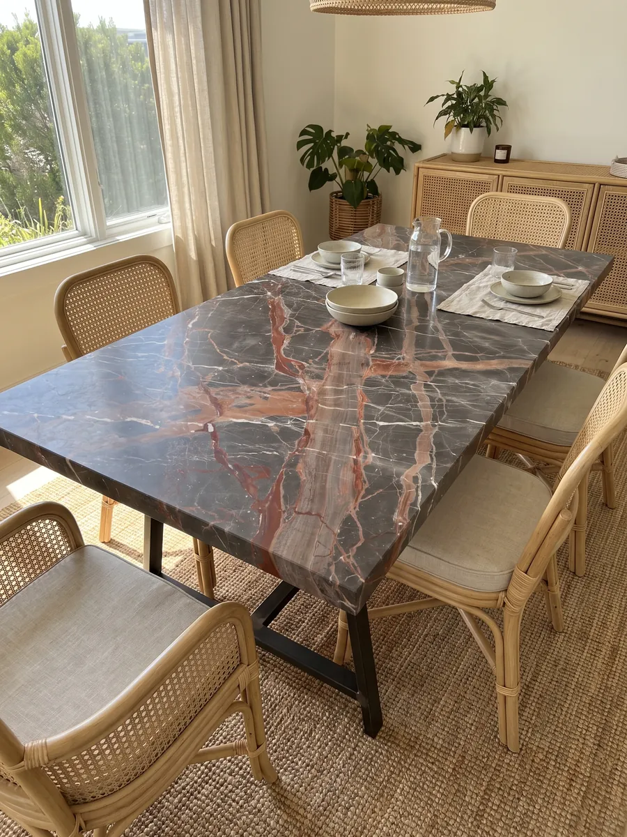 Mesa de comedor con cubierta de mármol café Ombra di Caravaggio sobre base de acero: gris pardo oscuro cruzado por vetas terracota anchas y vetas blancas finas