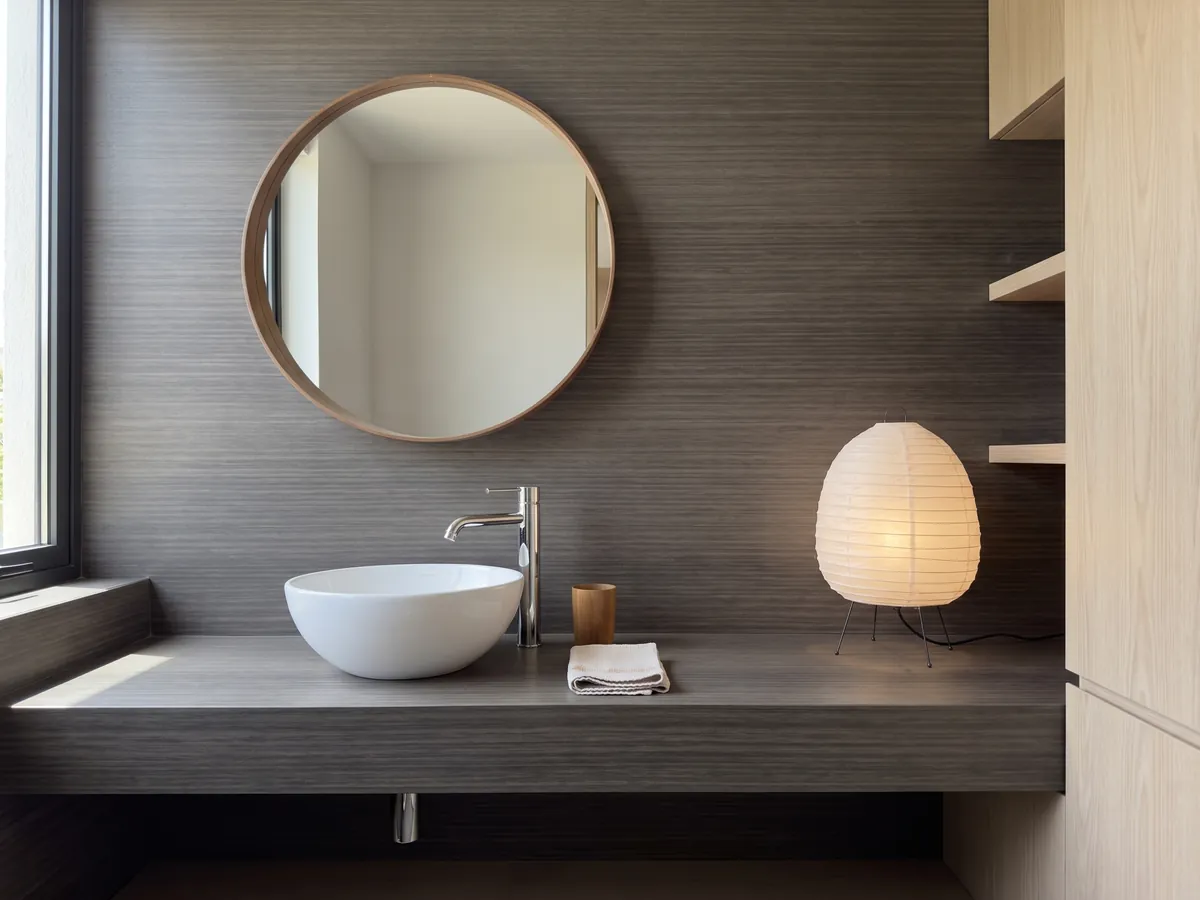 Cubierta de lavabo y pared de baño en mármol café Venghé con lavamanos blanco y grifería cromada: líneas horizontales finas y continuas que recuerdan a una madera oscura