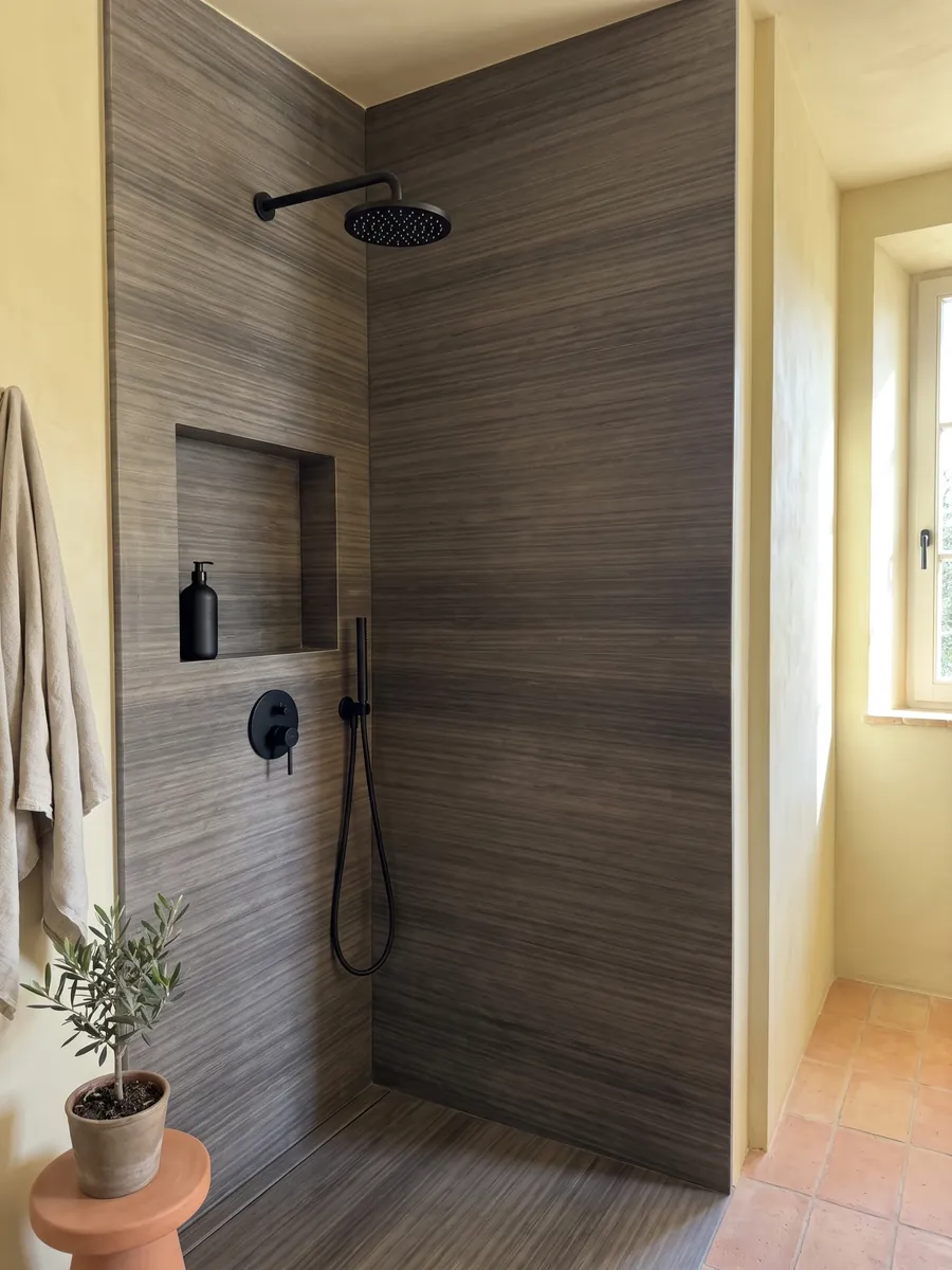 Ducha revestida con placas enteras de mármol café Venghé con nicho empotrado: líneas horizontales finas y continuas que recuerdan a una madera oscura