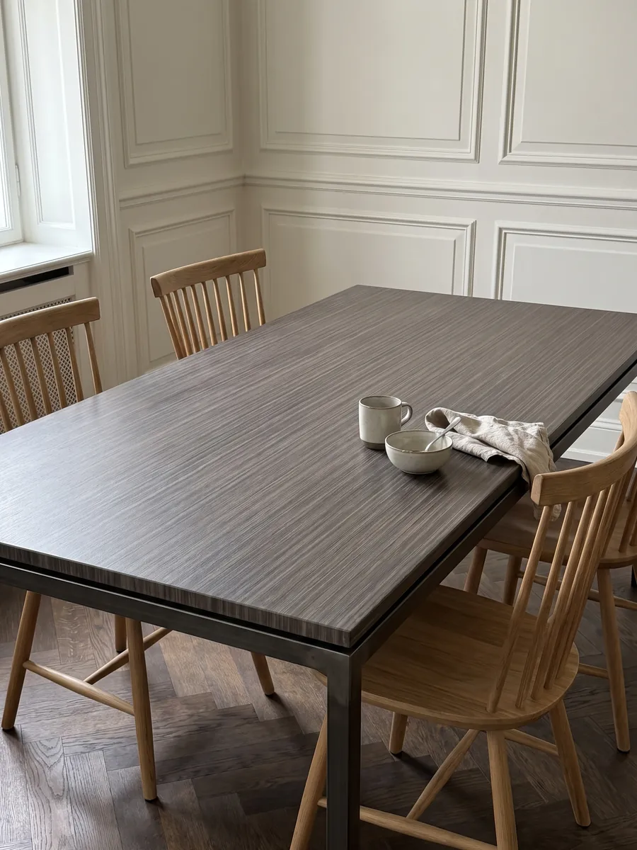 Mesa de comedor con cubierta de mármol café Venghé sobre base de acero: líneas horizontales finas y continuas que recuerdan a una madera oscura