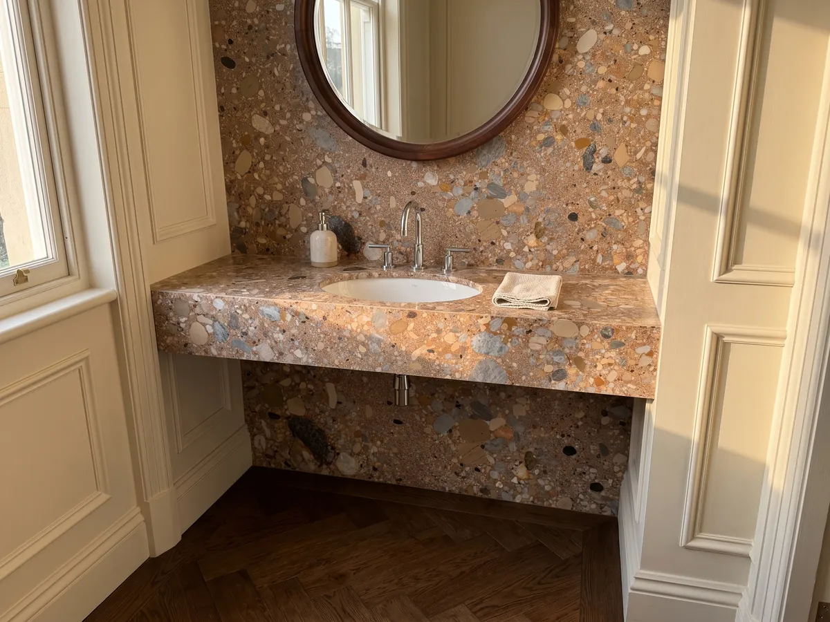 Cubierta de lavabo y pared de baño en Mármol Ceppo Rojo con lavamanos blanco y grifería cromada: matriz marrón rojiza con cantos rodados grises y beige de varios tamaños