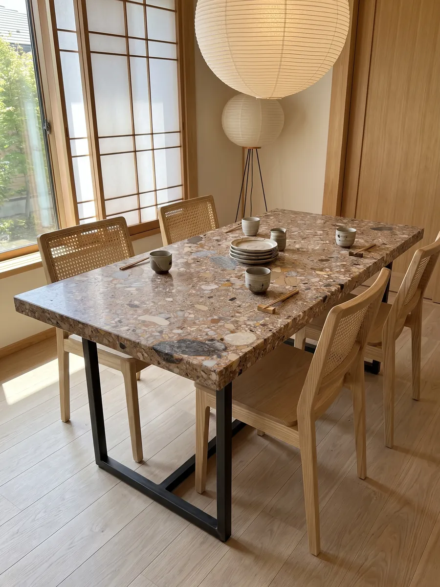 Mesa de comedor con cubierta de Mármol Ceppo Rojo sobre base de acero: matriz marrón rojiza con cantos rodados grises y beige de varios tamaños