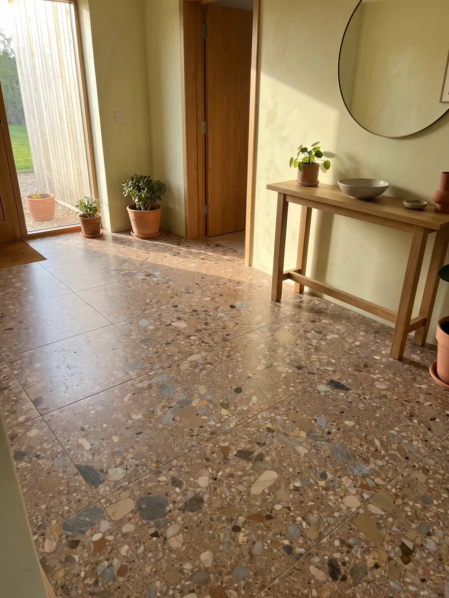 Piso de recibidor en placas grandes de Mármol Ceppo Rojo con luz natural: matriz marrón rojiza con cantos rodados grises y beige de varios tamaños