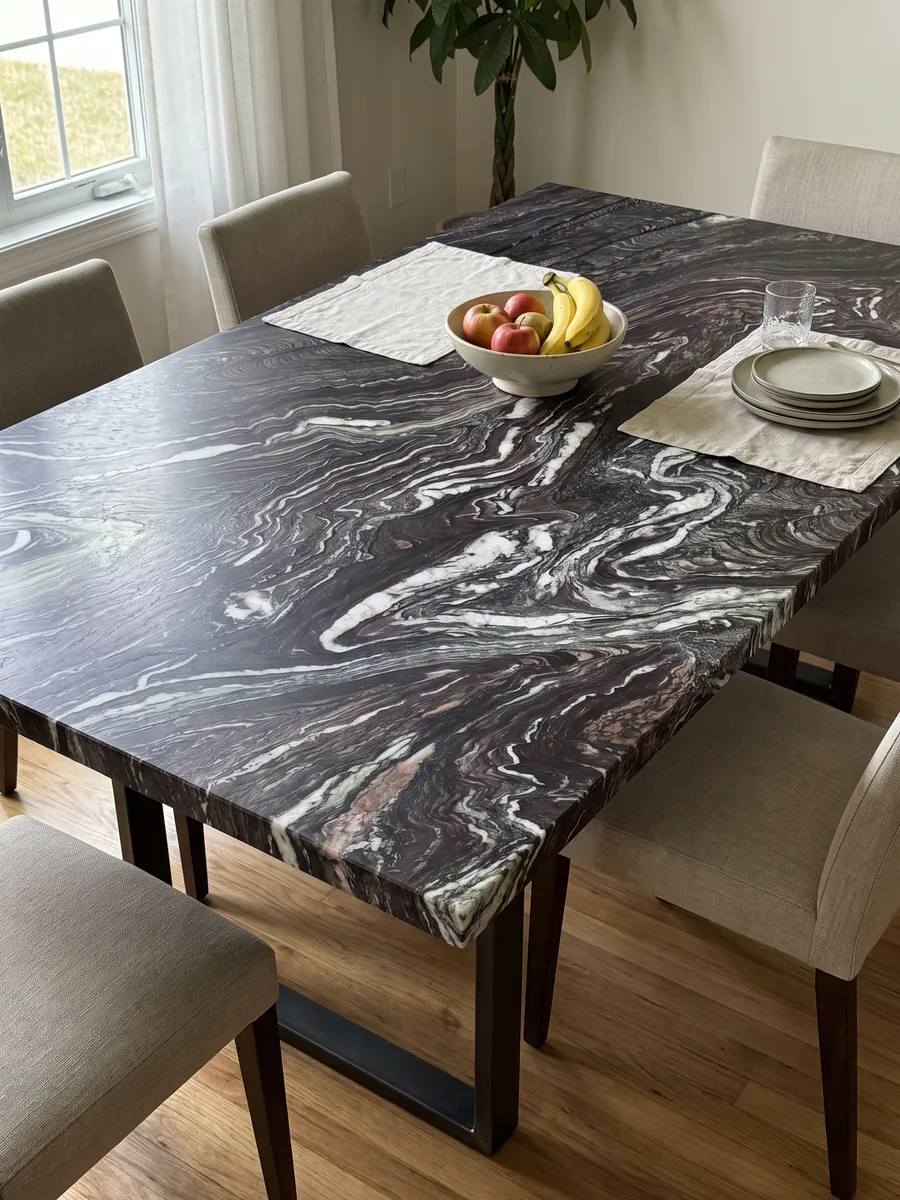 Mesa de comedor con cubierta de Mármol Cipollino Ondulato sobre base de acero: fondo morado oscuro con vetas blancas muy onduladas y plegadas