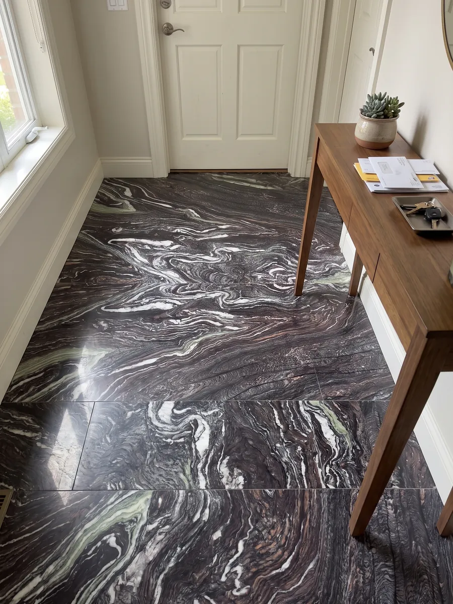 Piso de recibidor en placas grandes de Mármol Cipollino Ondulato con luz natural: fondo morado oscuro con vetas blancas muy onduladas y plegadas