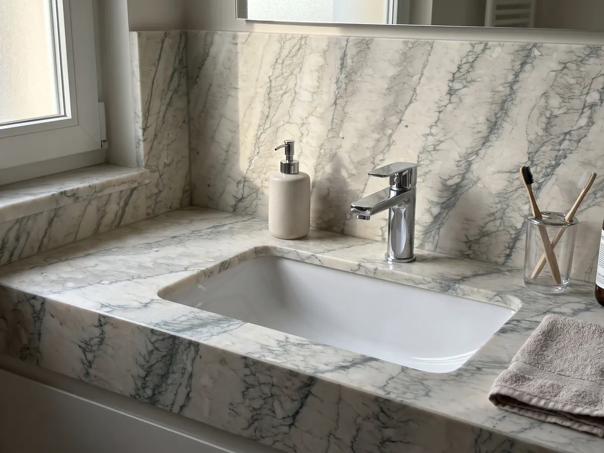 Cubierta de lavabo y pared de baño en Mármol Cipollino Verde con lavamanos blanco y grifería cromada: blanco cálido con franjas paralelas de vetas verdosas finas