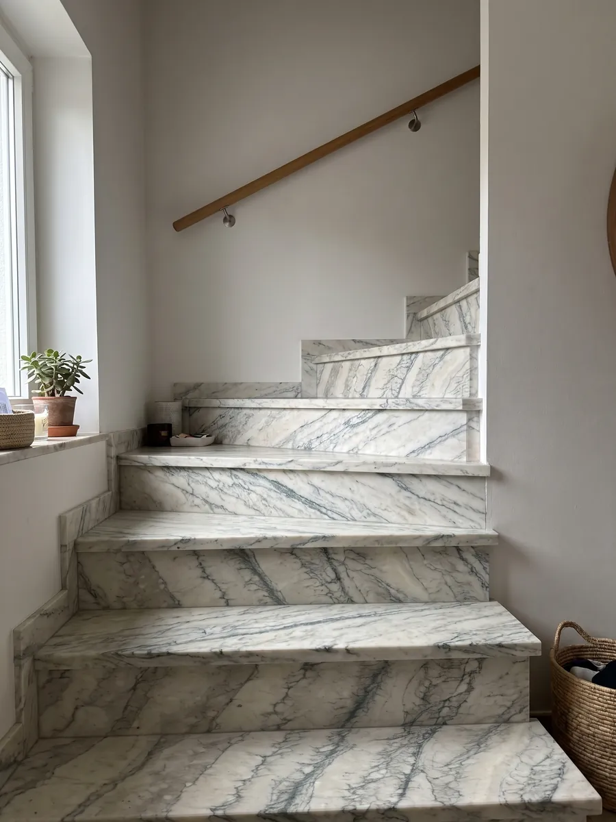 Escalera interior con peldaños de Mármol Cipollino Verde con pasamanos: blanco cálido con franjas paralelas de vetas verdosas finas
