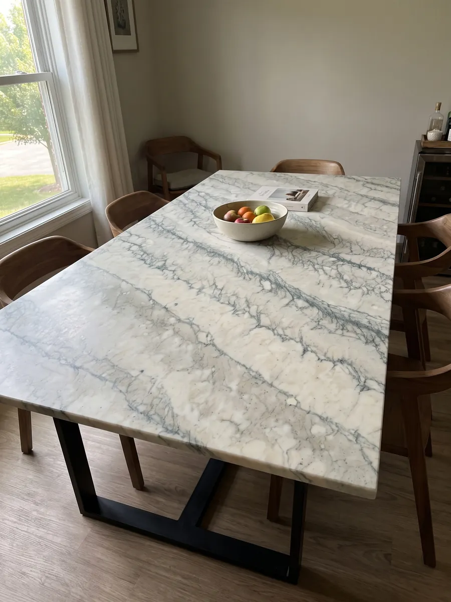 Mesa de comedor con cubierta de Mármol Cipollino Verde sobre base de acero: blanco cálido con franjas paralelas de vetas verdosas finas