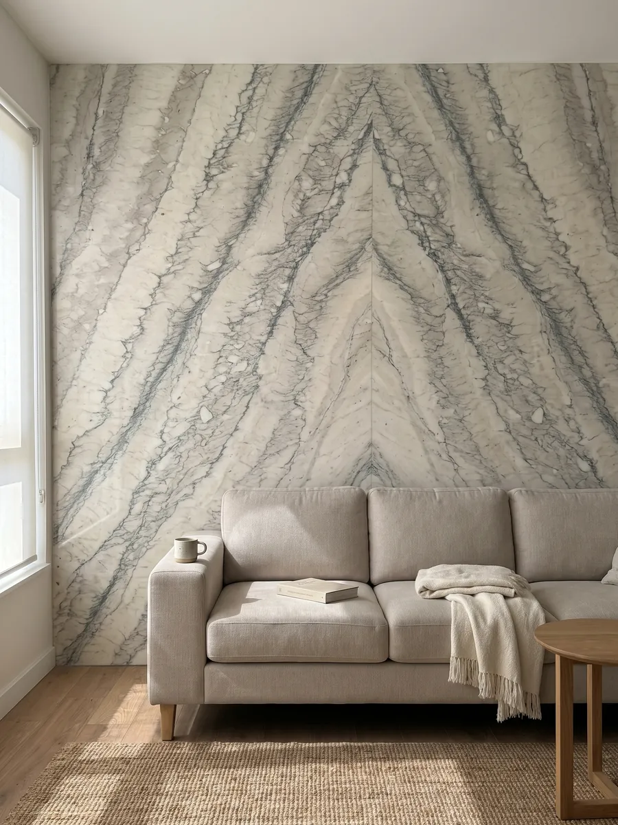 Pared de sala revestida con placas de Mármol Cipollino Verde abiertas en libro detrás de un sofá: blanco cálido con franjas paralelas de vetas verdosas finas