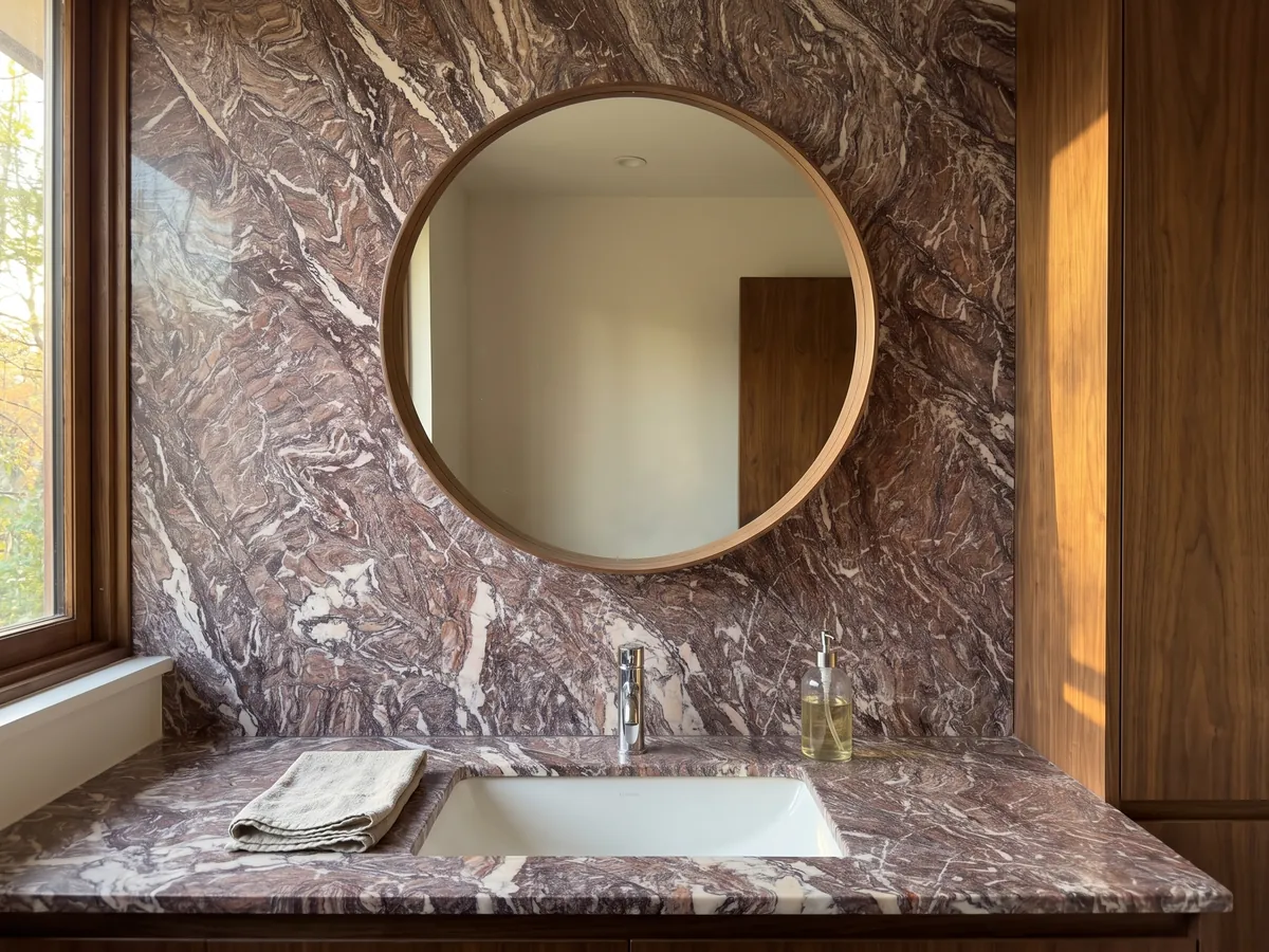 Cubierta de lavabo y pared de baño en Mármol Cipollino Viola con lavamanos blanco y grifería cromada: violeta rojizo con pliegues finos densos y algunas vetas blancas