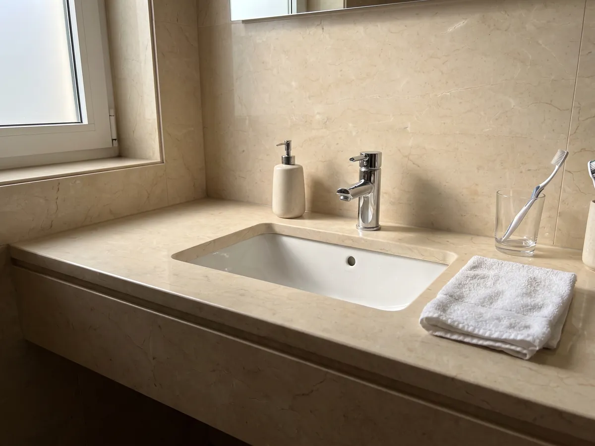 Cubierta de lavabo y pared de baño en Mármol Crema Marfil con lavamanos blanco y grifería cromada: crema uniforme casi sin dibujo