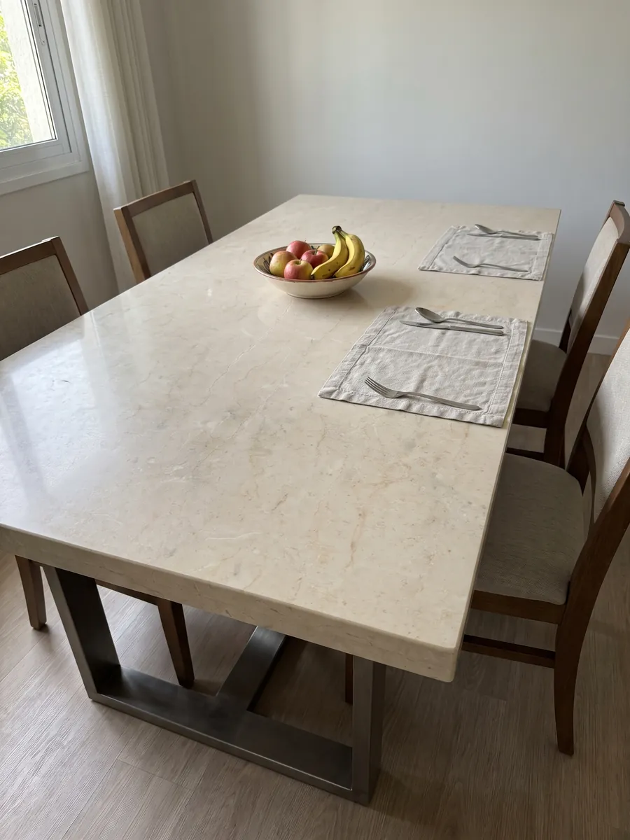 Mesa de comedor con cubierta de Mármol Crema Marfil sobre base de acero: crema uniforme casi sin dibujo