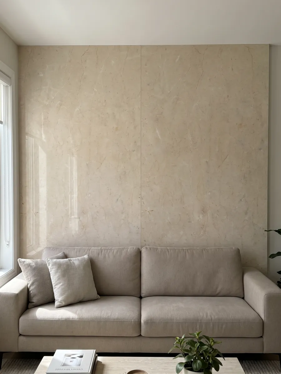 Pared de sala revestida con placas de Mármol Crema Marfil abiertas en libro detrás de un sofá: crema uniforme casi sin dibujo