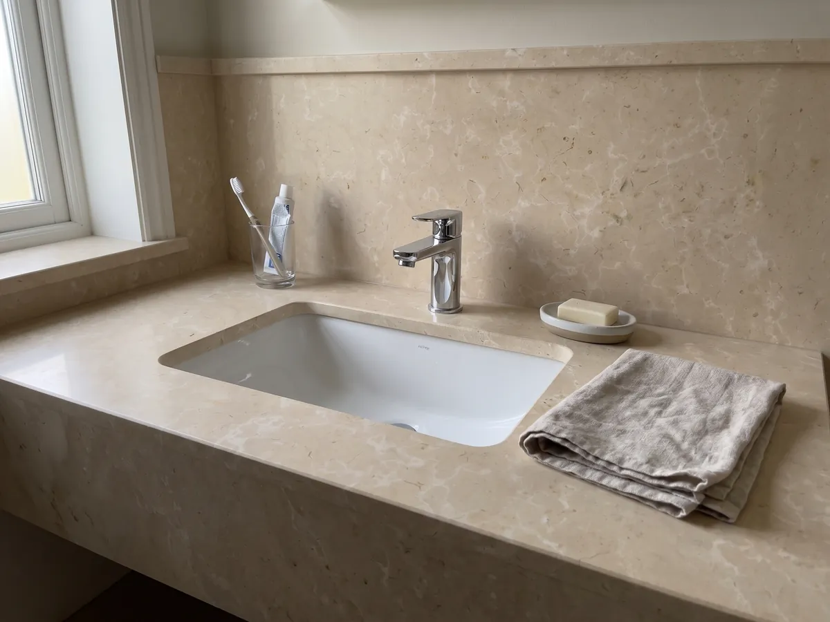 Cubierta de lavabo y pared de baño en Mármol Crema Nuova con lavamanos blanco y grifería cromada: crema cálido con manchas claras difusas
