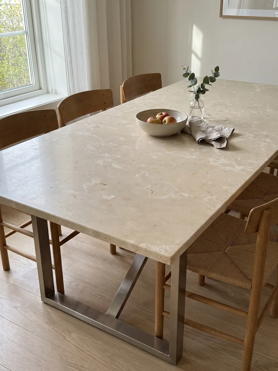 Mesa de comedor con cubierta de Mármol Crema Nuova sobre base de acero: crema cálido con manchas claras difusas