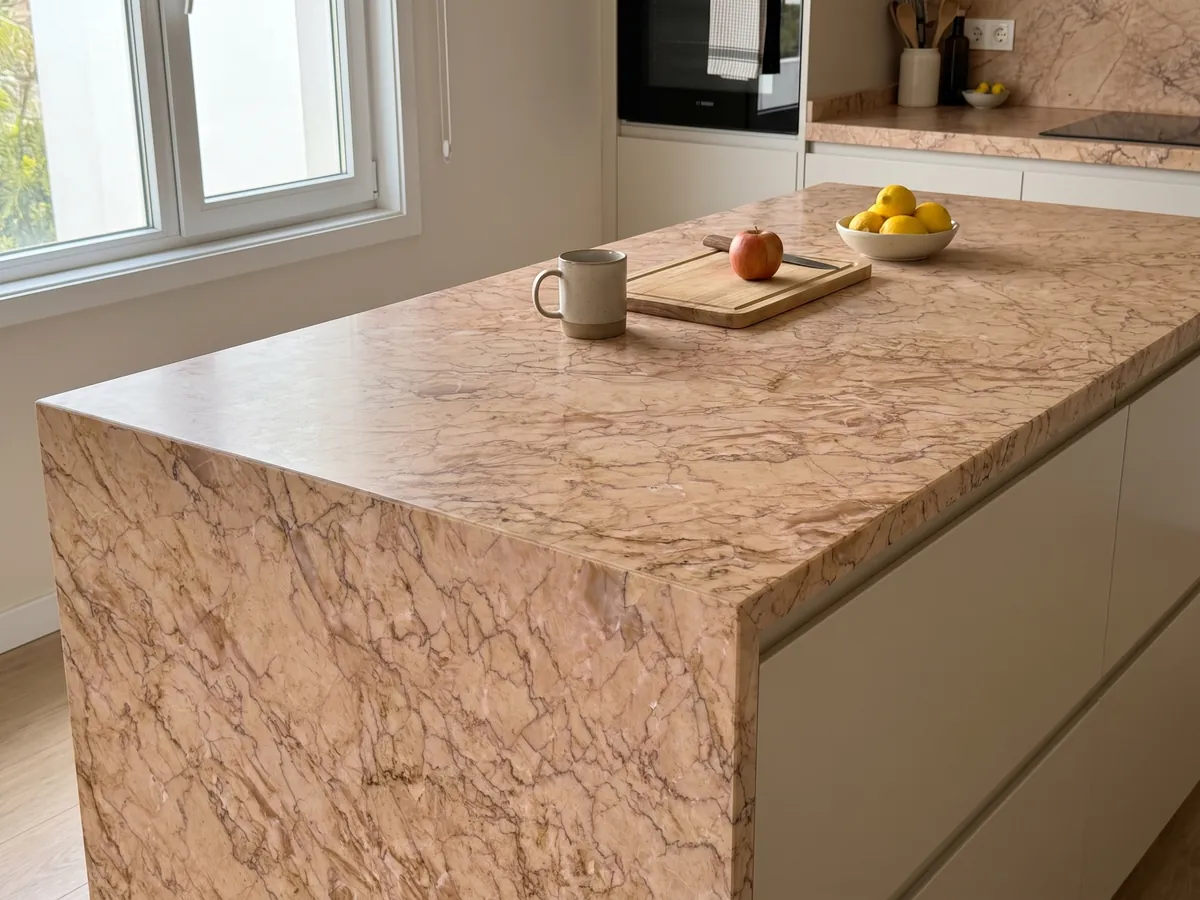 Isla de cocina con cubierta de Mármol Crema Valencia y canto recto en una cocina con luz natural: salmón rosado con una red densa de vetas marrones finas